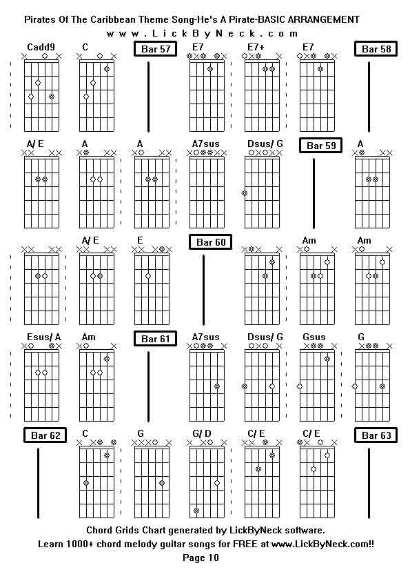 Chord Grids Chart of chord melody fingerstyle guitar song-Pirates Of The Caribbean Theme Song-He's A Pirate-BASIC ARRANGEMENT,generated by LickByNeck software.